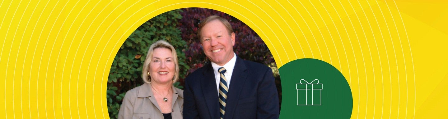 Nancy and Dave Petrone alongside a simple digital line art icon of a gift box with a bow