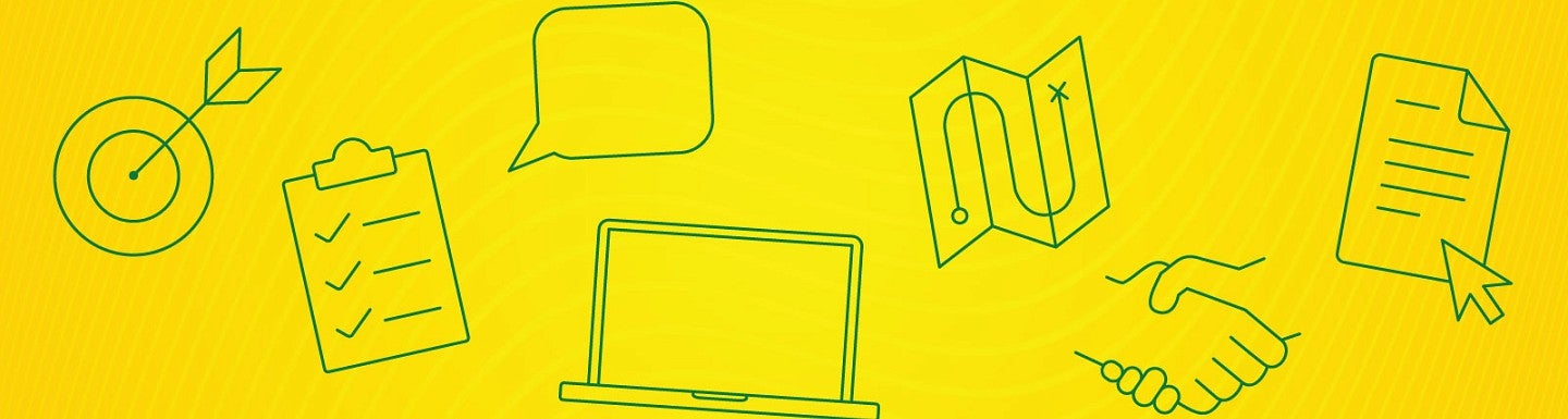 Various green lineart icons against a yellow background