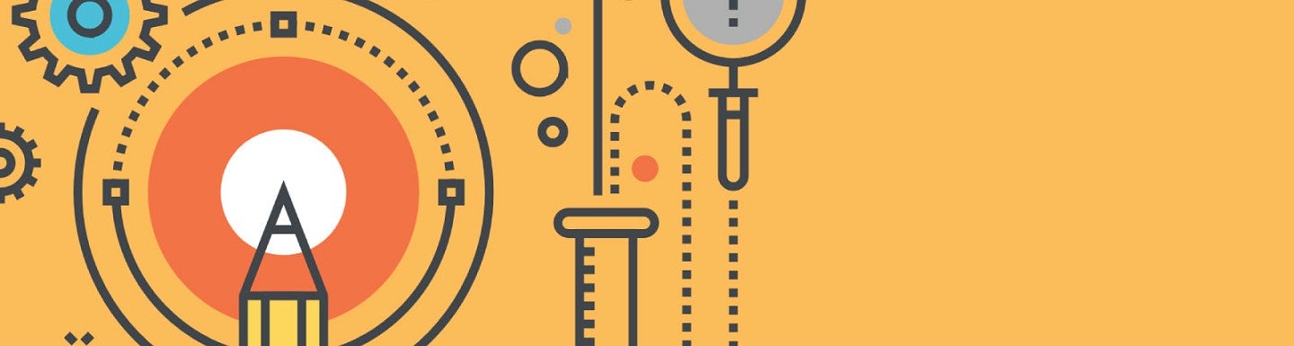 Illustration of innovation wiht line art showing gears, a beaker, pencil, and a light bulb all integrated together