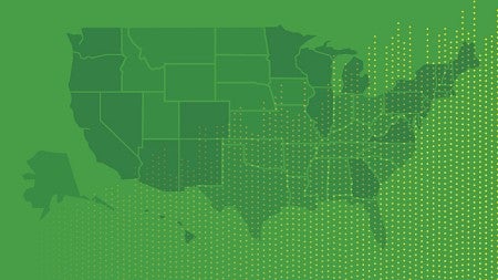 A map of the United States with different states in varying shades of green