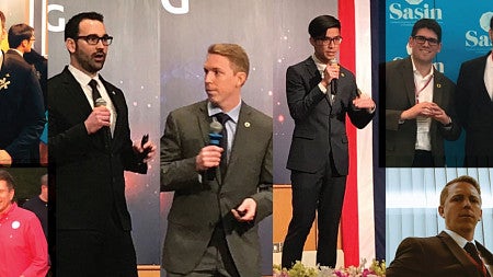 Collage of images showing the three Oregon MBA students from Feros pitching their startup in Thailand