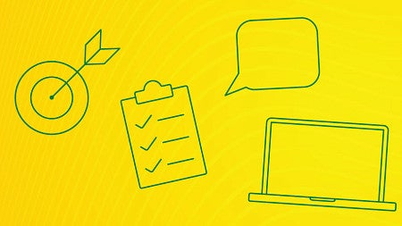Various green lineart icons against a yellow background