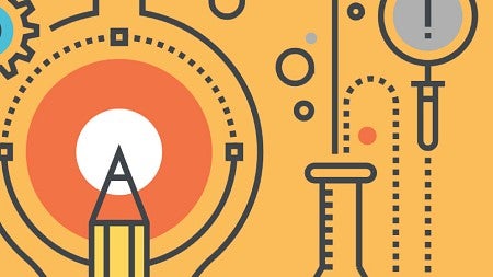 Illustration of innovation wiht line art showing gears, a beaker, pencil, and a light bulb all integrated together